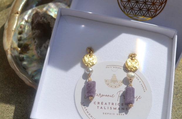 IRIS — Boucles d'oreilles lépidolite & keshi de Tahiti, plaqué or 18k