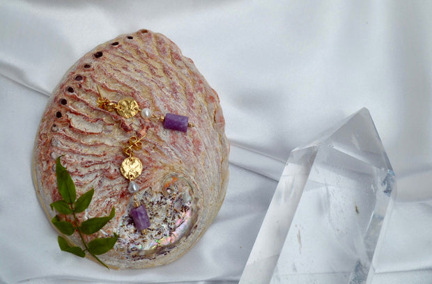 IRIS — Boucles d'oreilles lépidolite & keshi de Tahiti, plaqué or 18k