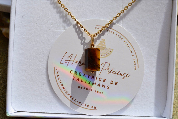 FREYA — Collier pendentif oeil de tigre & plaqué or 18k